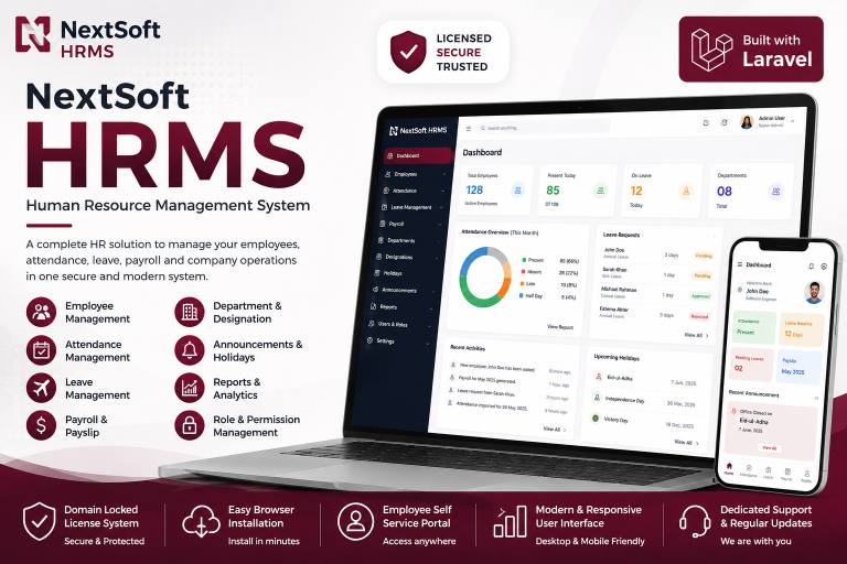 NextSoft HRMS, Laravel HRMS Software, Laravel Human Resource Management System, HR Management Software, Employee Management System, Attendance Management Software, Leave Management System, Payroll Management Software, Employee Payroll System, Laravel Payroll Software, Employee Attendance System, Employee Self Service Portal, HR Software for Small Business, HR Software for Company, Human Resource Software Bangladesh, HRMS Software Bangladesh, Employee Management Software Bangladesh, Payroll Software Bangladesh, Office Management Software, Company HR Management System, Web Based HRMS, Online HR Management System, Laravel Admin Dashboard, Role Based HR Management System, Department Management Software, Payslip Management System, Employee Leave Software, Secure Laravel HRMS, Domain Locked Laravel Script, Laravel Script with License System, NextSoft Laravel Script, Professional HRMS Solution, Business Management Software Bangladesh